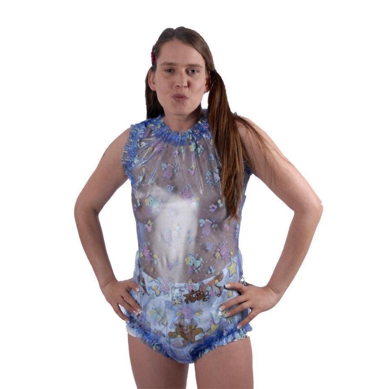 Rüschenbody im Schritt geknöpft ohne Arm PVC-Gelb transparent-L