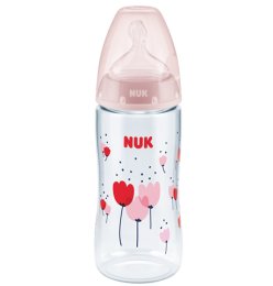 NUK First Choice Plus Babyflasche 360ml mit  Temperatur control Trinksauger rot Pink/flowers